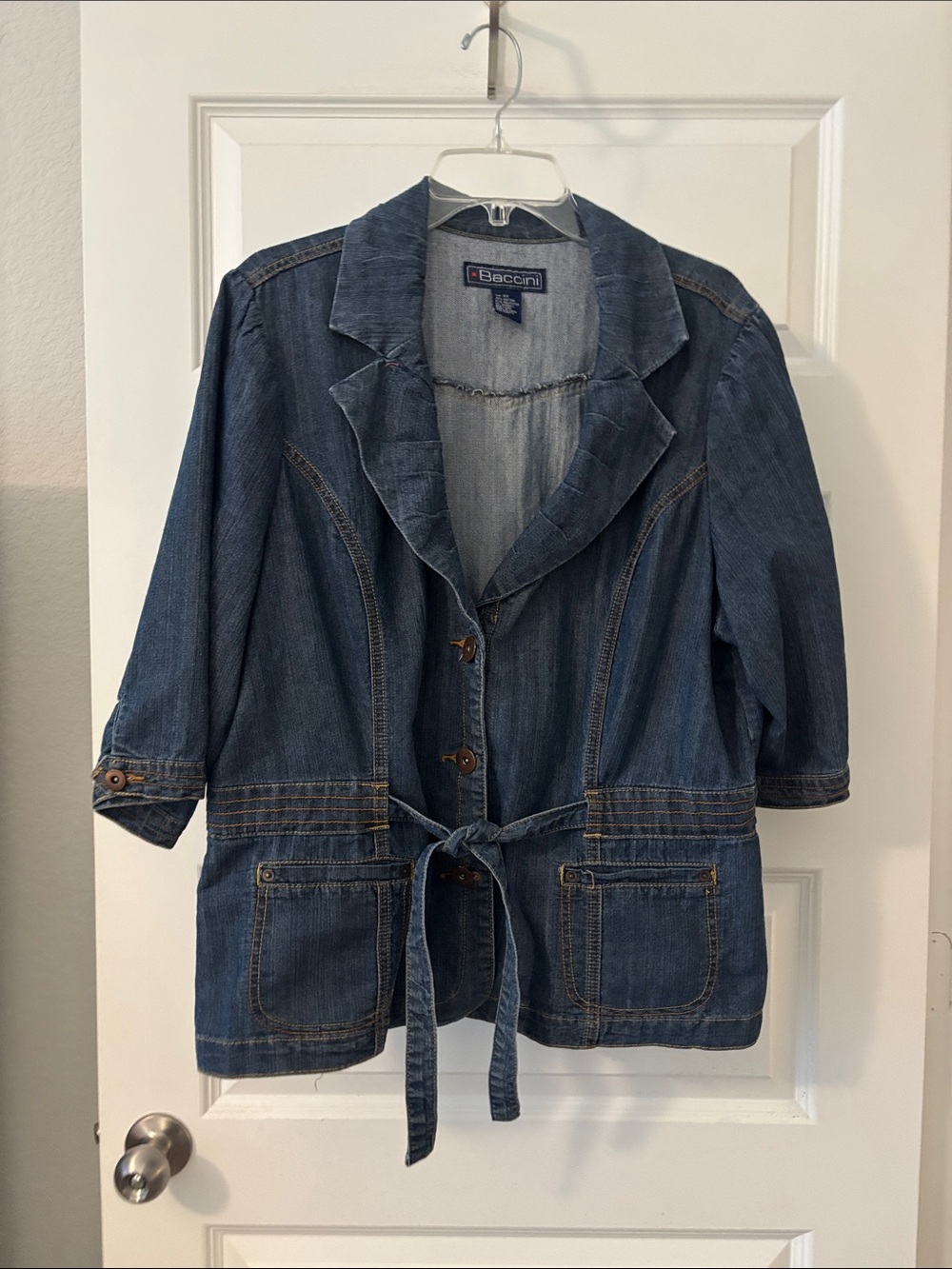 VTG Baccini Blue Denim Tie-Waist Jacket SZ Xl/1X Peplum puffy short sleeve
